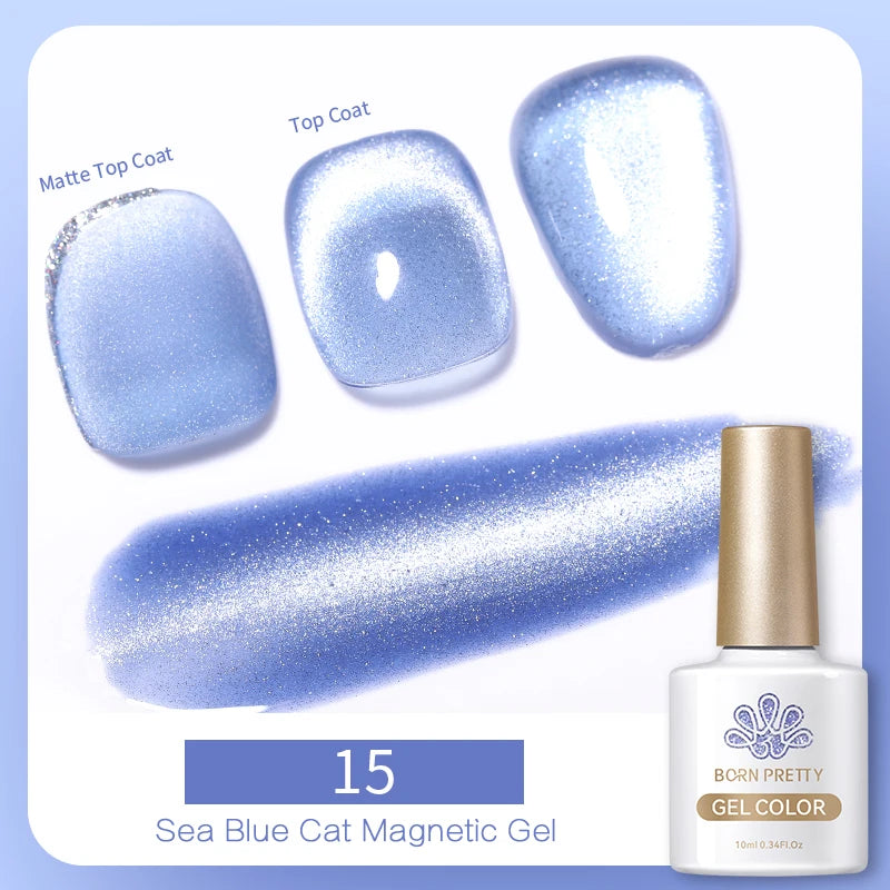 Sea Blue Cat Magnetic Gel nail polish 10ml bottle with color swatches showing matte and glossy top coat finishes.