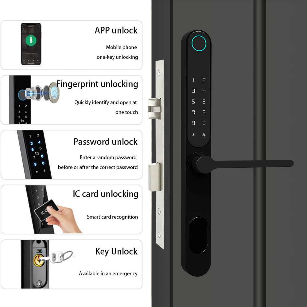 Tuya Smart Door Lock with Handle, Fingerprint Keypad IC Card Mechanical Key, Waterproof Outdoor 85mm Euro Mortise