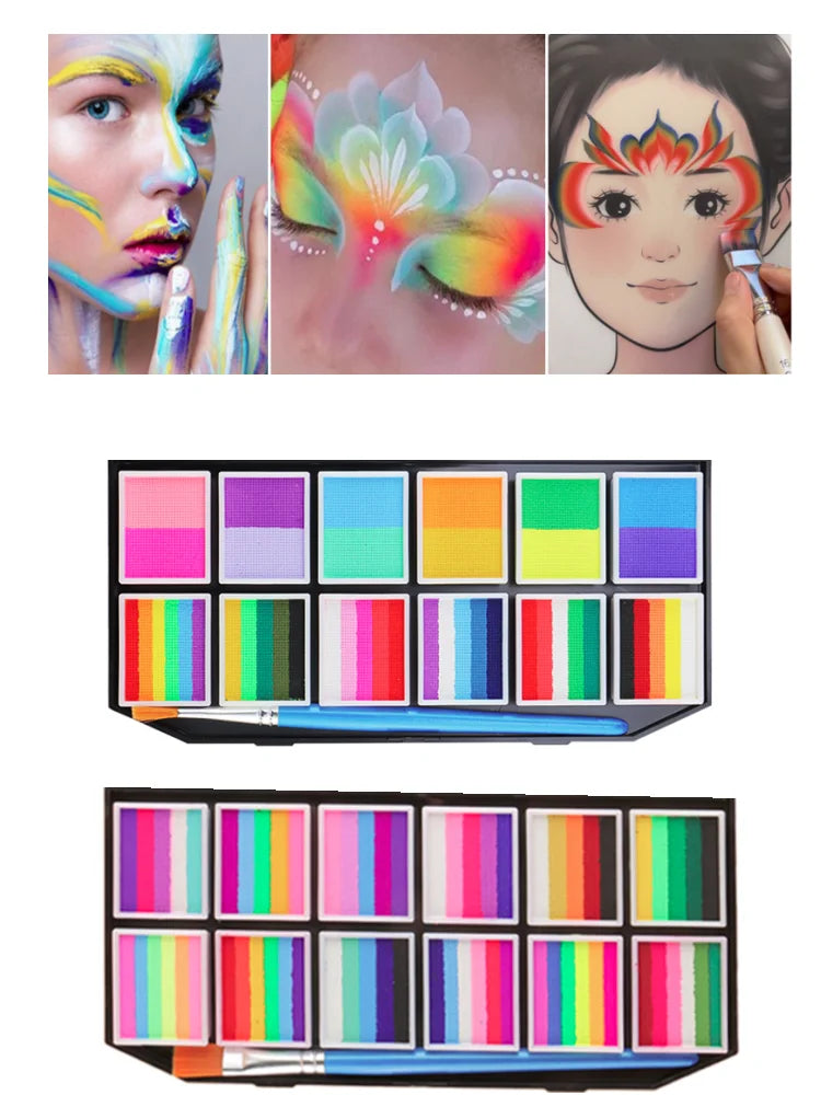 Tidesmit 12 grid water-soluble rainbow face body paint palette for Halloween cosplay makeup texture close-up