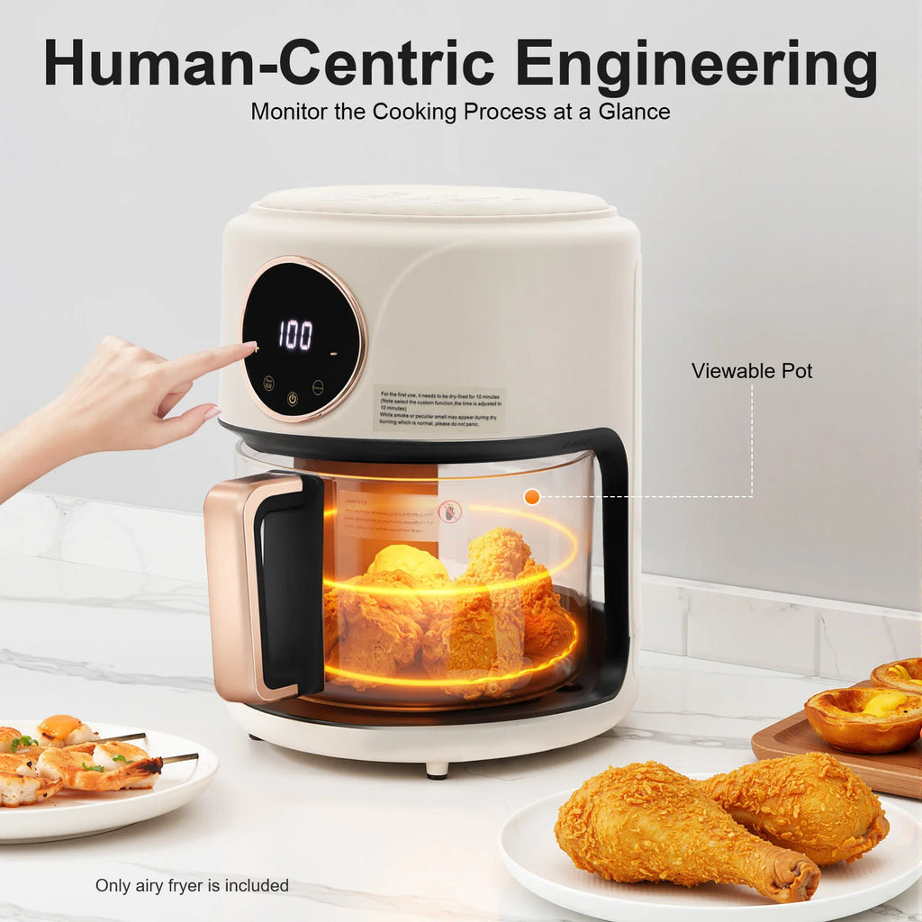 110V US Plug 4.44Qt Glass Air Fryer 1200W Touch Digital Display 8 Cooking Presets 176℉-392℉ Adjustable Temp Time Non-stick