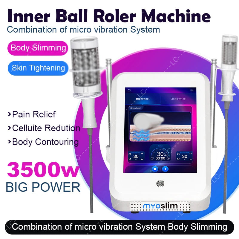 Inner ball roller machine with a white base, touchscreen, and two cylindrical wands for body contouring and massage.