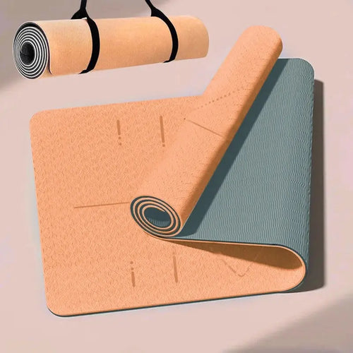 WESTTUNE non-slip smart yoga mat with carrying strap, eco-friendly anti-tear exercise fitness mat in peach and teal.