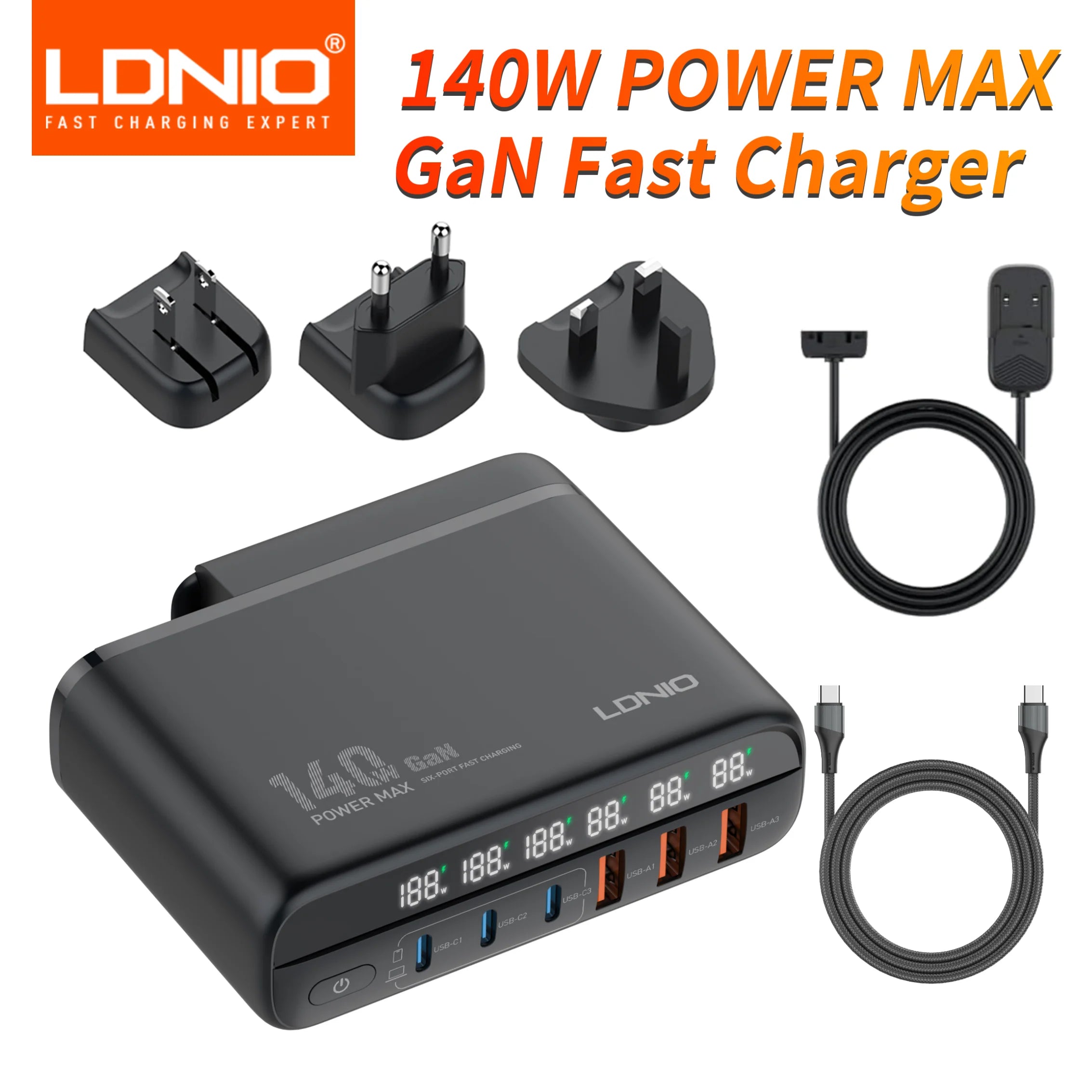 140W GaN USB C Charging Station 6-Port Hub for Universal Travel 140W US UK EU Tidesmit