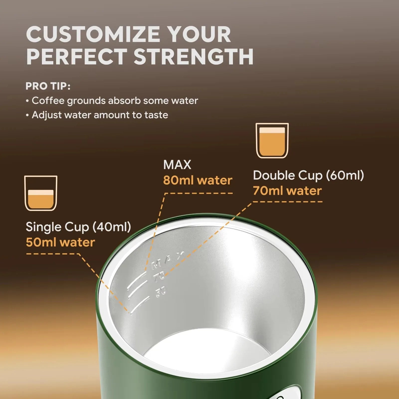 Green coffee maker reservoir with interior water capacity markings for single and double cups up to 80ml.