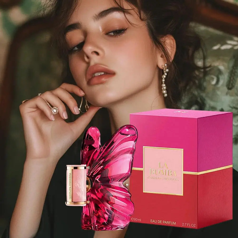 Carolina Herrera La Bomba EDP: Fruity floral unisex perfume in a unique pink butterfly bottle with gift box.