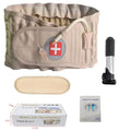 Beige inflatable lumbar traction belt with hand pump, extension pad, packaging box, and manual for lower back support.