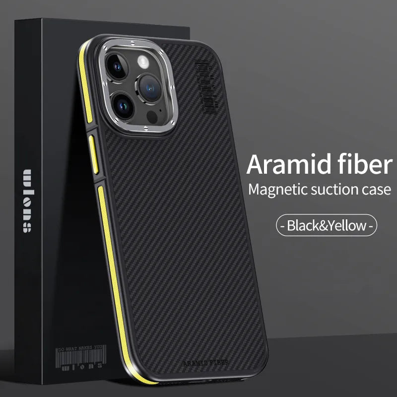 Aramid Fiber Magnetic Case for iPhone 15 Pro - Military-Grade Protection Yellow Aramidfiber Tidesmit