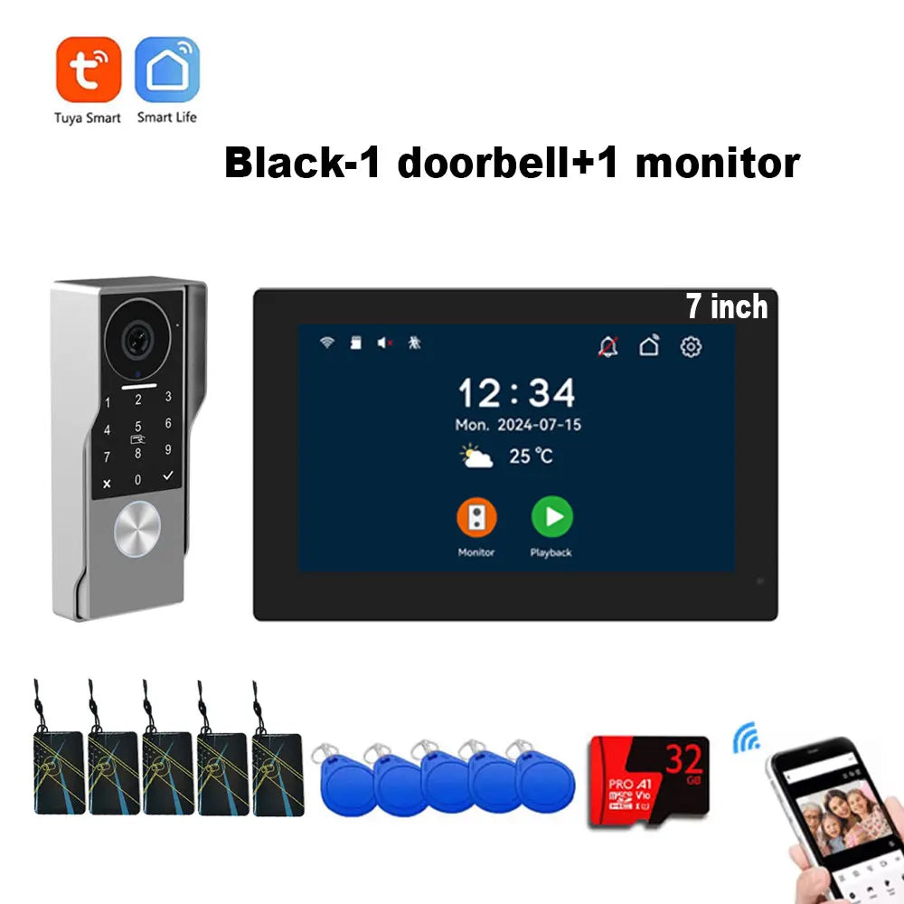 Black Wi-Fi video doorbell with 7-inch touch monitor and included access cards