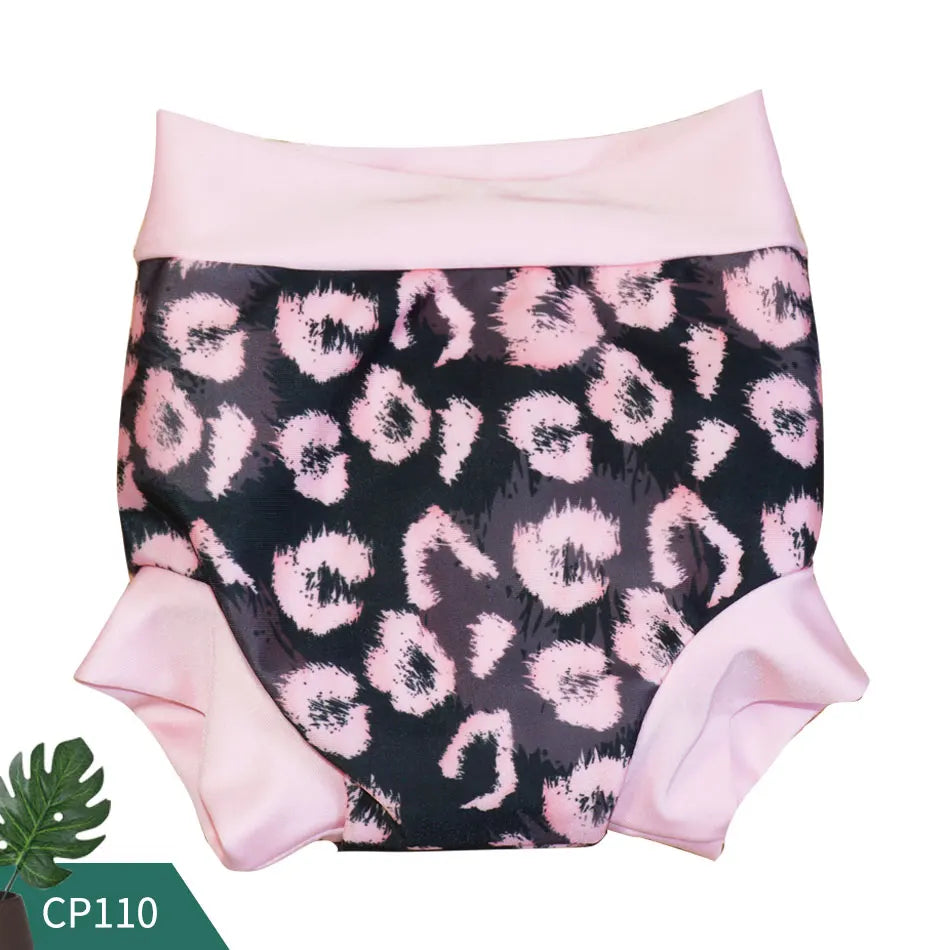 Baby swim diaper with pink and black leopard print design, model CP110, comfortable baby care swimwear.