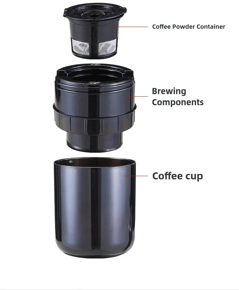 Black portable coffee maker parts including powder container, brewing components, and cup isolated on white background.