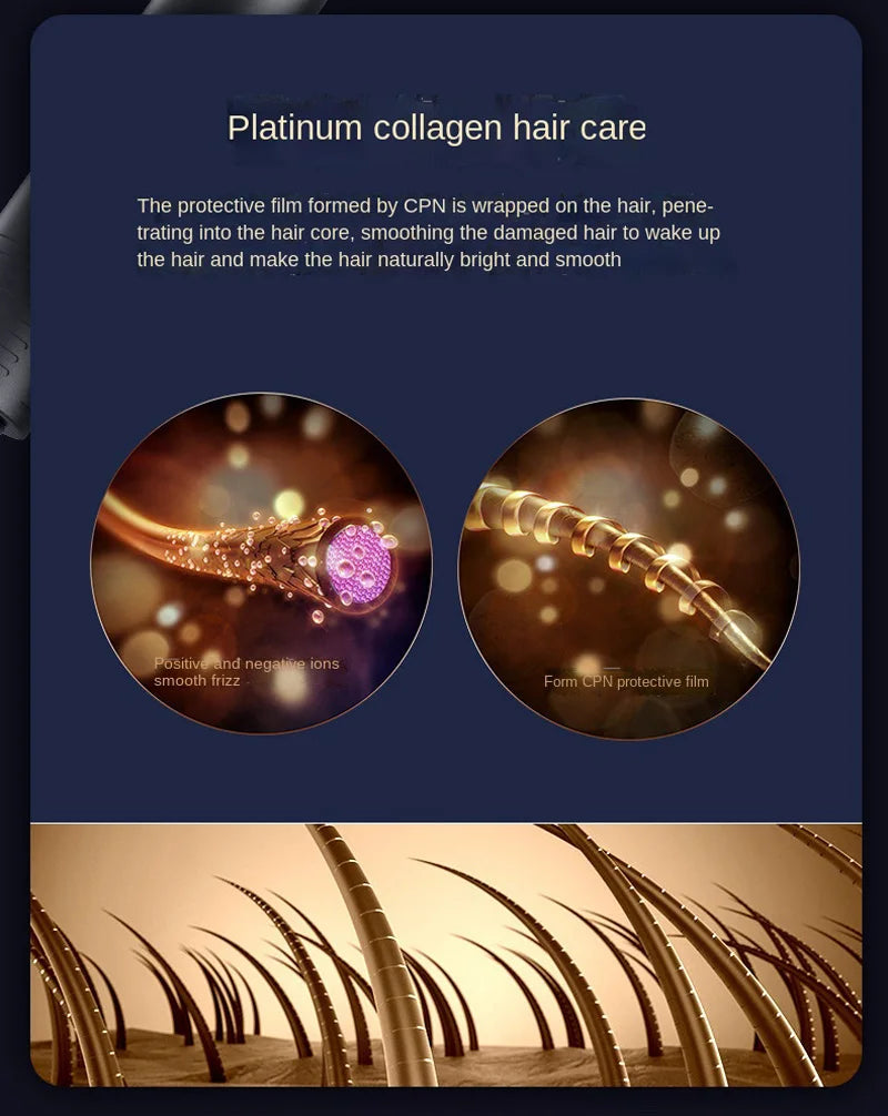 Professional high-speed hair dryer with platinum collagen CPN technology for smooth, frizz-free, healthy hair care.