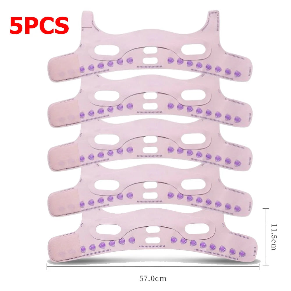 Five light pink, V-line slimming chin straps stacked vertically, featuring purple massage beads and ear cutouts.