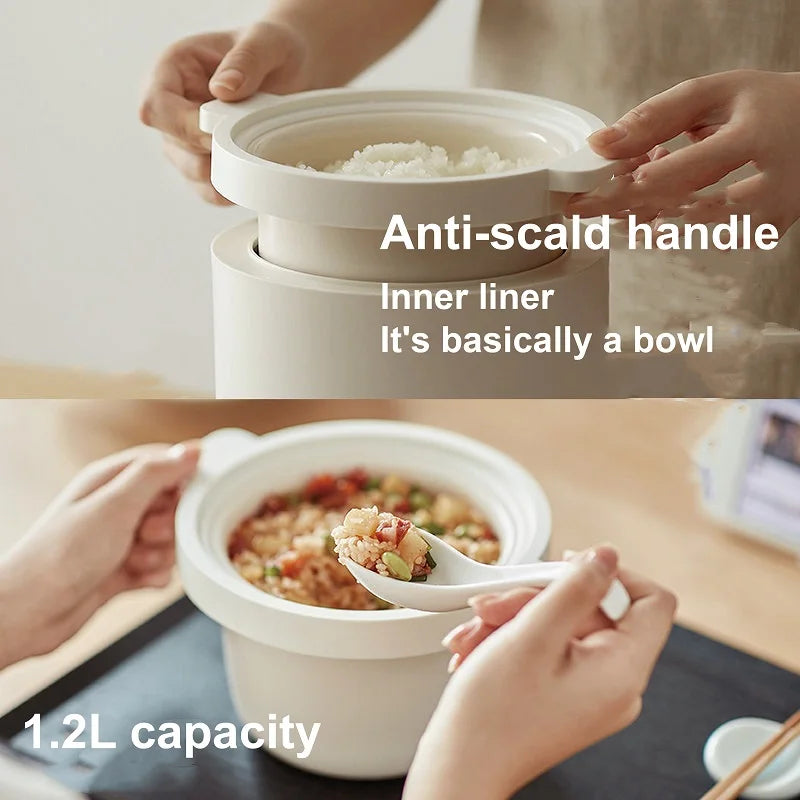 White rice cooker with inner pot shown, anti-scald side handle