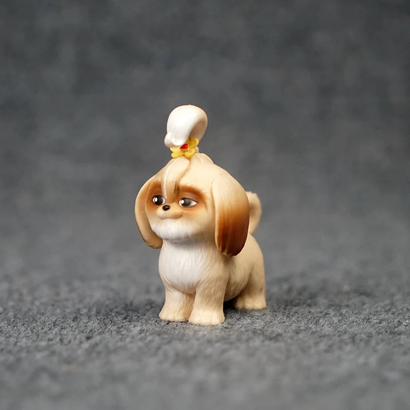 Cute mini Shih Tzu dog figurine, collectible resin pet model with topknot, perfect for home decor or holiday gifts.
