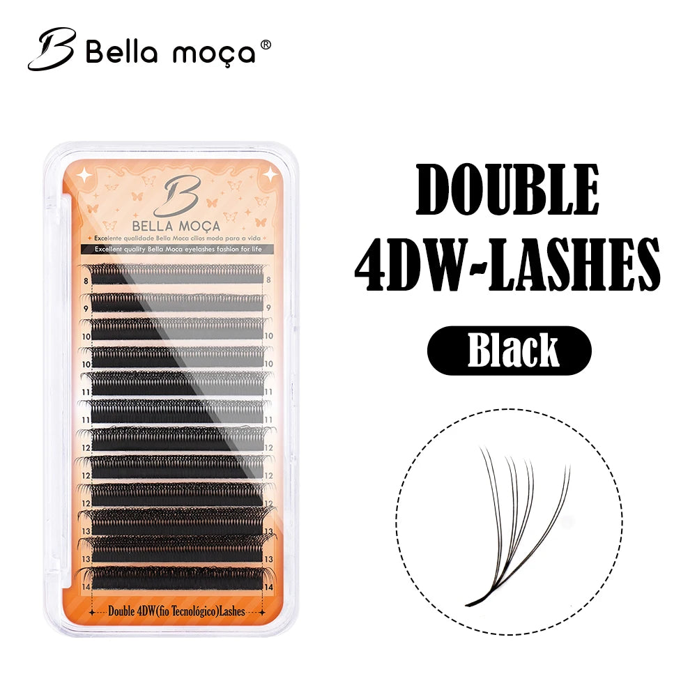 Tray of professional black 4DW volume lashes with a close-up showing the multi-strand fan style.