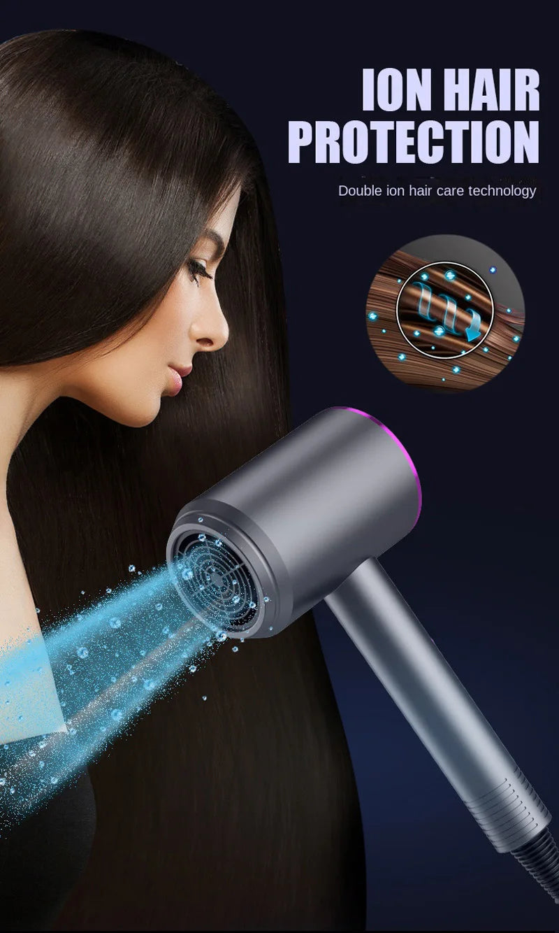 Grey high-speed ionic professional hair dryer with constant temperature technology for salon-quality styling at home.