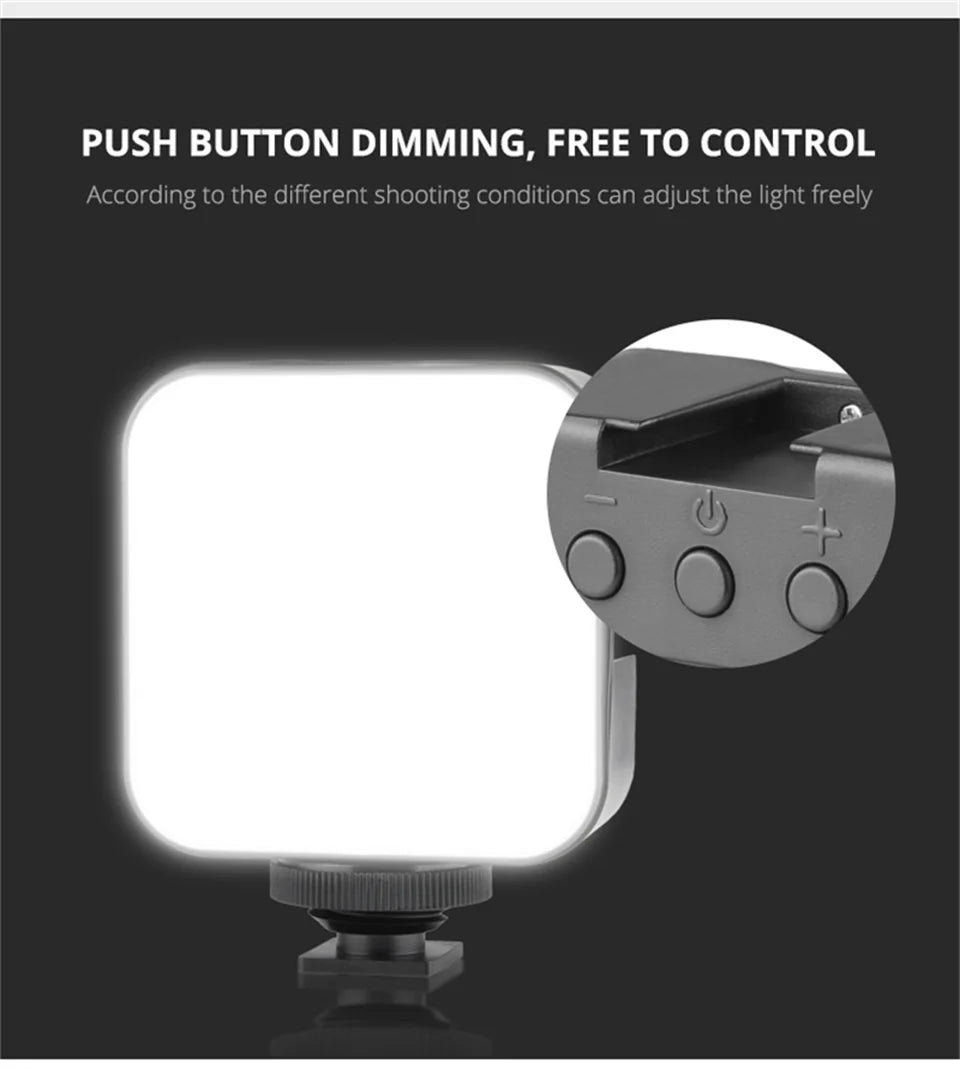 Square LED video light with dimming buttons, featuring a shoe mount for camera or tripod mounting.