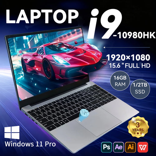 Silver 15.6-inch laptop with black keyboard, large trackpad, fingerprint sensor, and thin-bezel display showing a car.