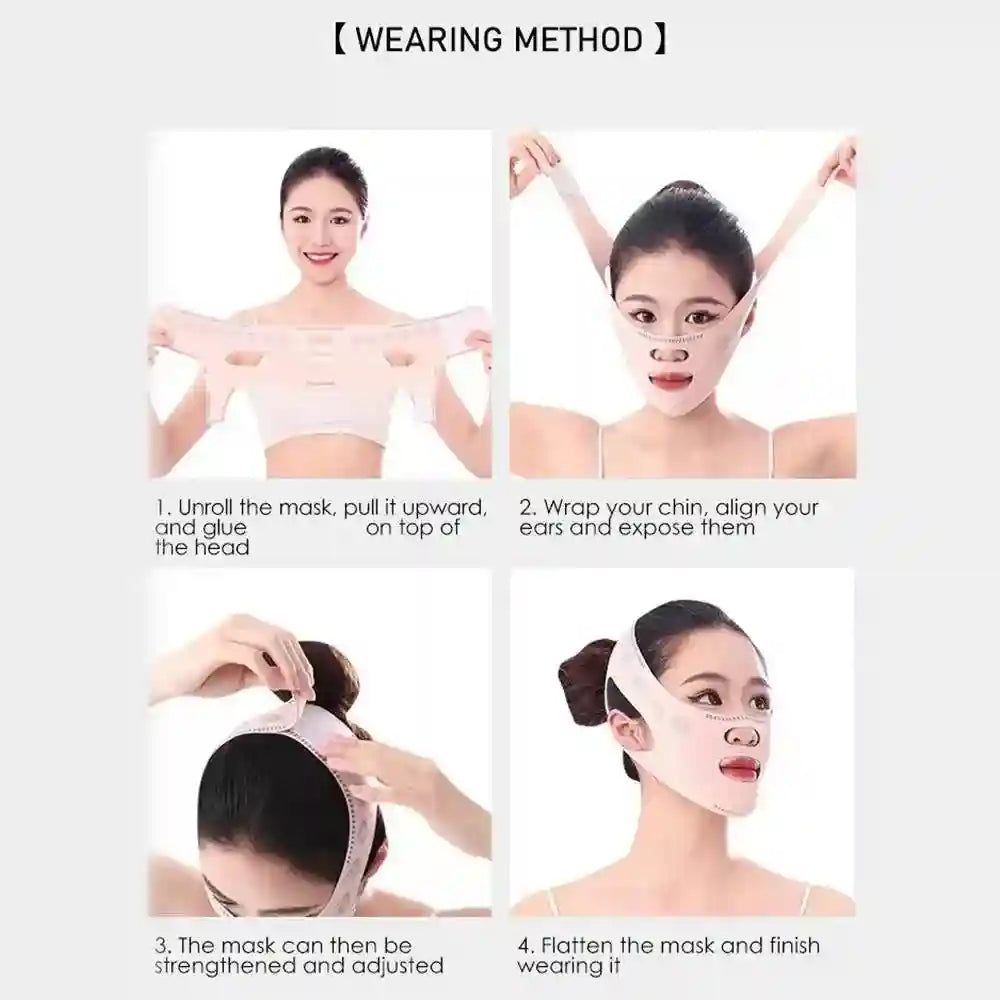 Four-step guide showing a person applying a light pink, fabric V-line lifting face mask with ear cutouts.