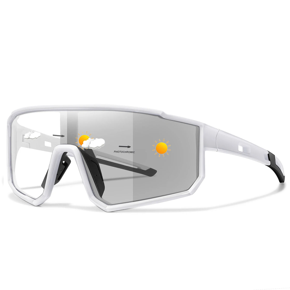 Photochromic cycling sunglasses, white frame with gray mirrored lenses and sport shape.
