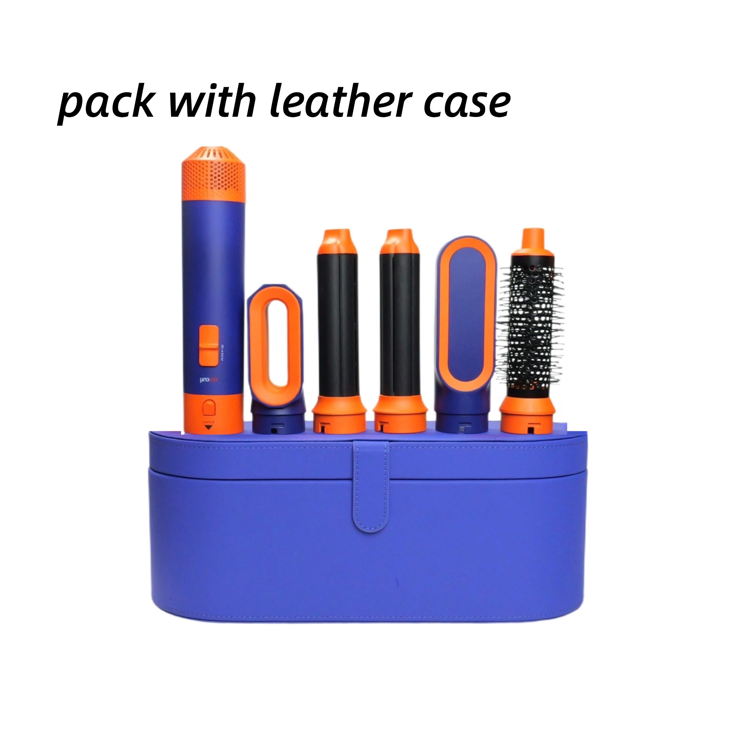 5-in-1 purple and orange hair styler set with dryer, curling barrels, and hot air brush in a matching leather case.