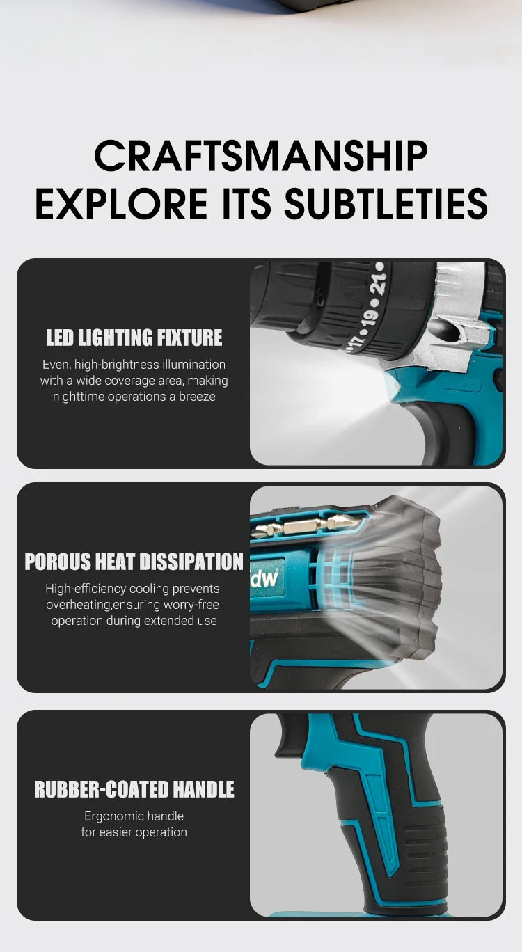 Mamidw 100N.m Industrial Cordless Drill Set, 3/8 Inch Keyless Chuck, LED Lighting, Practical Men Gift, Electric Drill, Compatible with Makita 18V Battery PIN.