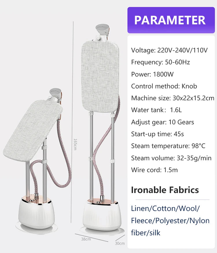 Tidesmit 2-in-1 garment steamer with adjustable 10-gear vertical ironing board and 1.6L tank, close-up feature view