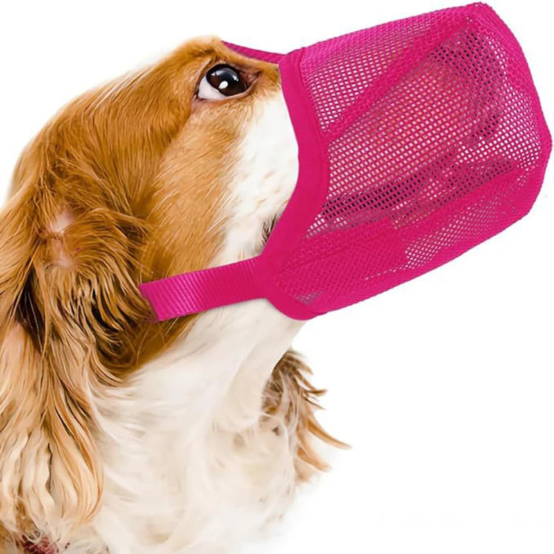 Pink breathable mesh dog muzzle, adjustable anti-bite pet mask for licking control and safe drinking.