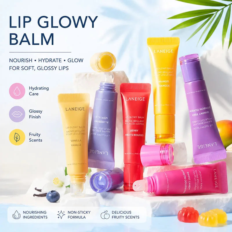 Laneige Lip Glowy Balm set: colorful, hydrating, and nourishing tubes for a smooth, glossy, fruity lip makeup finish.