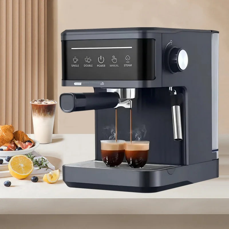 Matte black espresso machine with digital touch panel, portafilter, and steam wand brewing two shots of coffee.