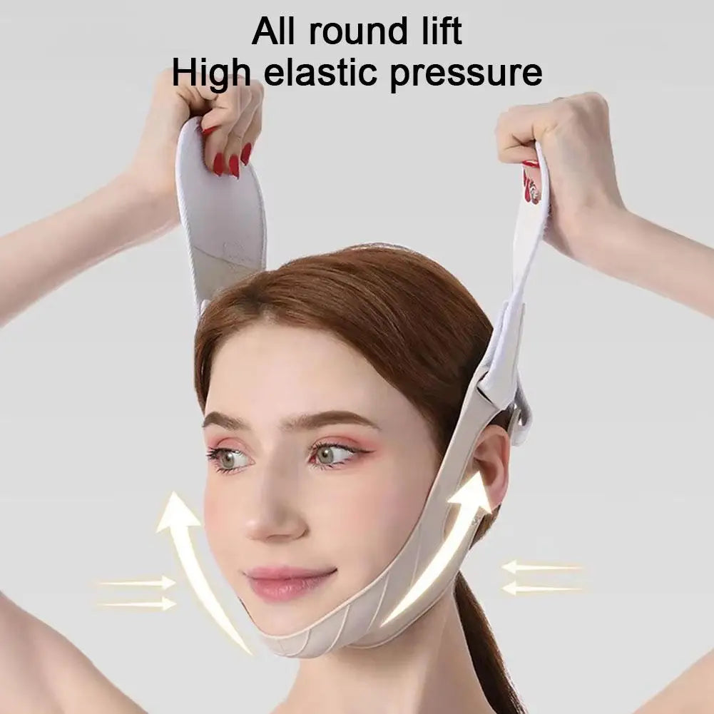 A woman wearing a white, elastic V-line face slimming bandage strap that lifts the chin and cheeks.