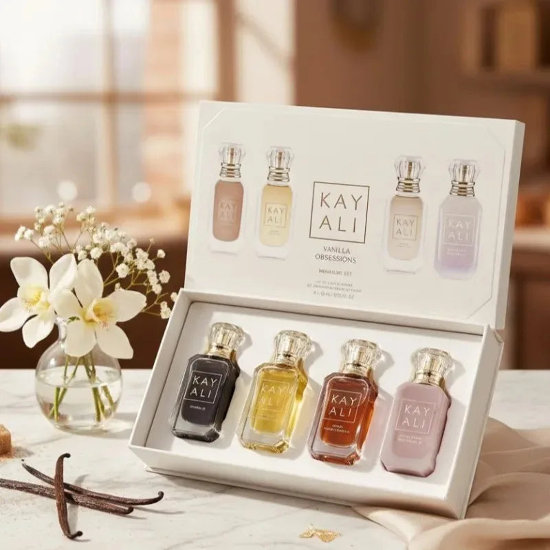 KAYALI Vanilla Obsessions Gift Set: 4 floral, fruity, musk EDP mini bottles in elegant glass vials for women.