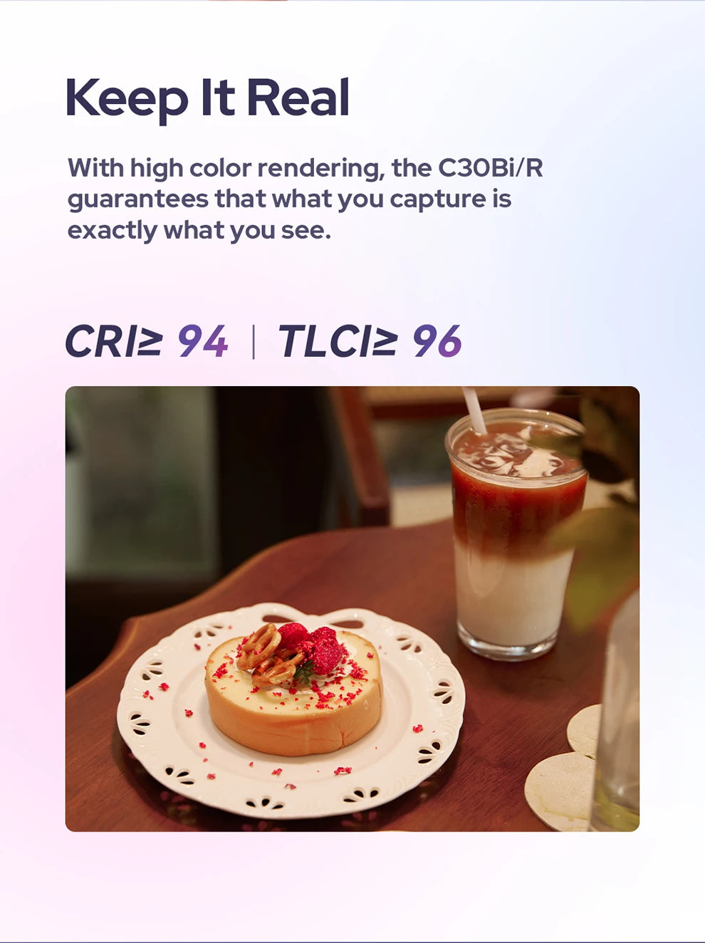 C30Bi/R studio light highlighting vibrant colors of a cake and iced latte on a wooden table.