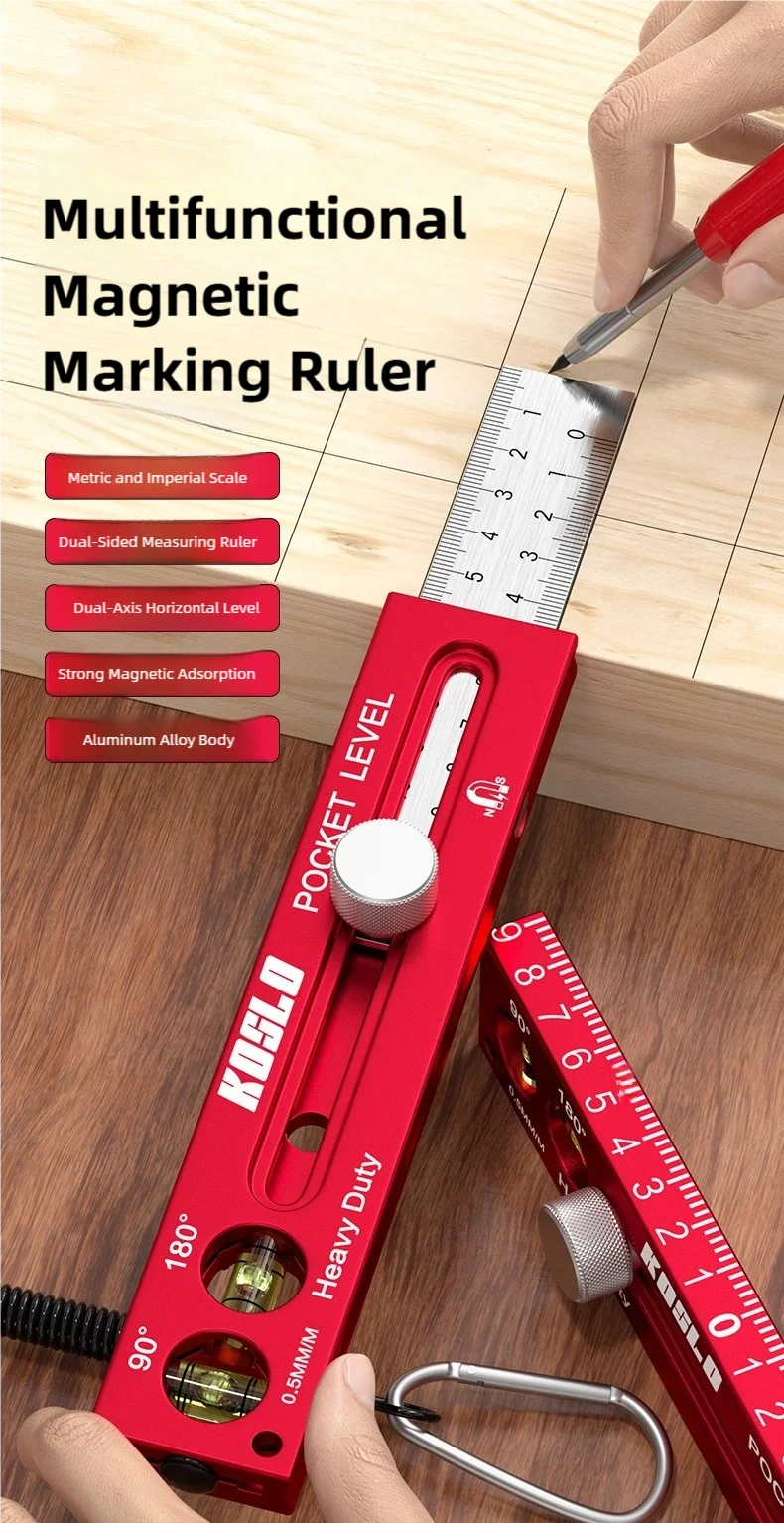 TINSOL Multi-functional Magnetic Marking Ruler Aluminum Alloy Ruler with Level Marking, Metric and Imperial, for Woodworking