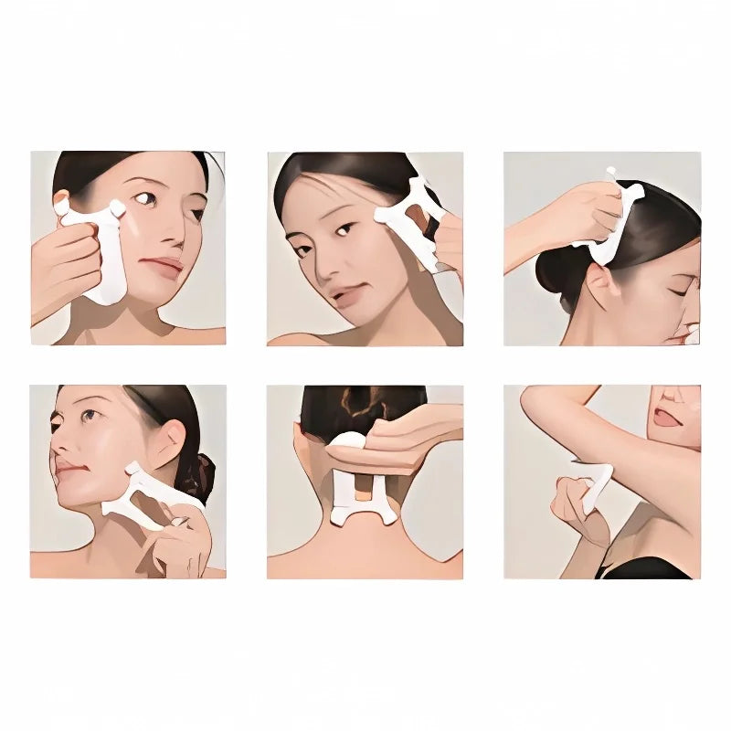 Six illustrations showing a woman using a white, multi-pronged ceramic gua sha tool on her face, neck, and arm.