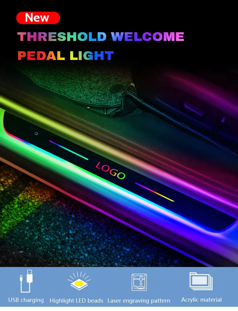 LED threshold welcome pedal light with multicolor acrylic strip for car door entrance illumination.