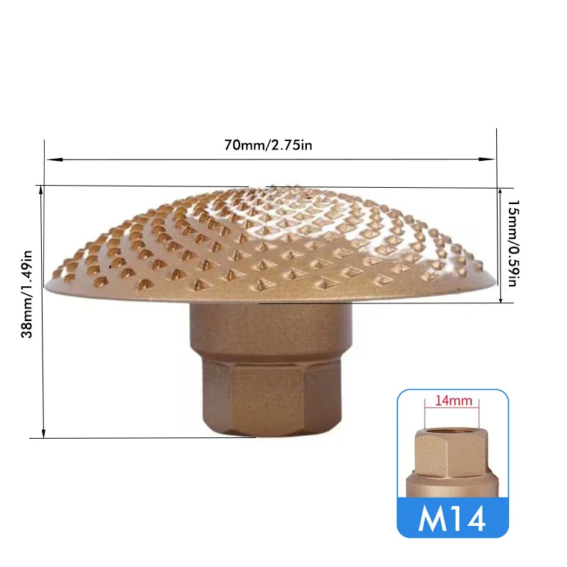 Arc-shaped grinding head with wide tan diamond-tooth dome and brown threaded base