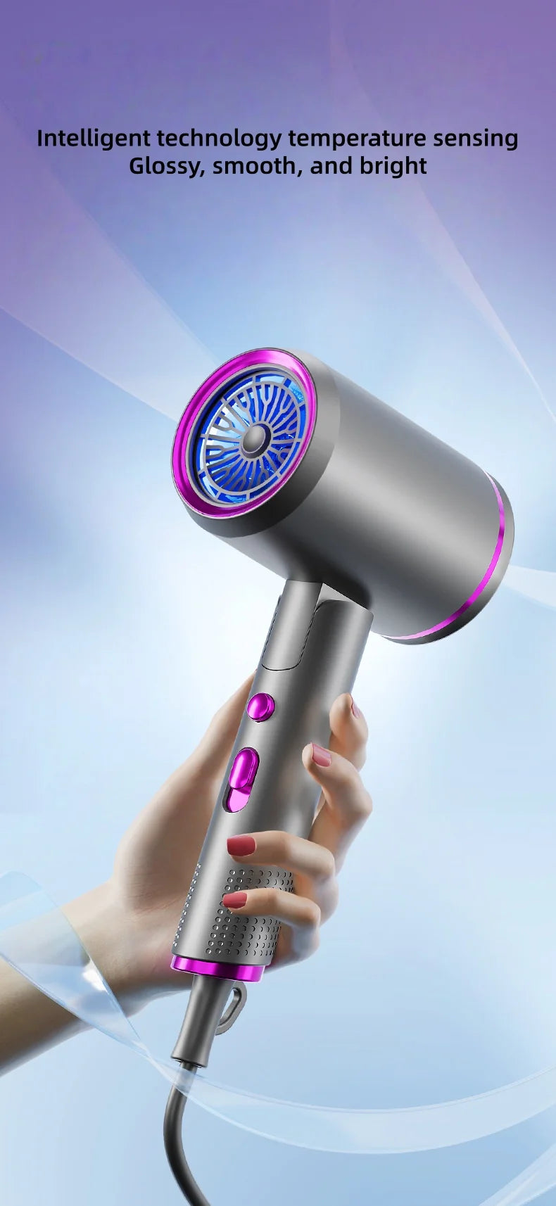 Foldable 2400W grey silent hair dryer with purple accents, hot/cold air modes, and high-power temperature sensing.