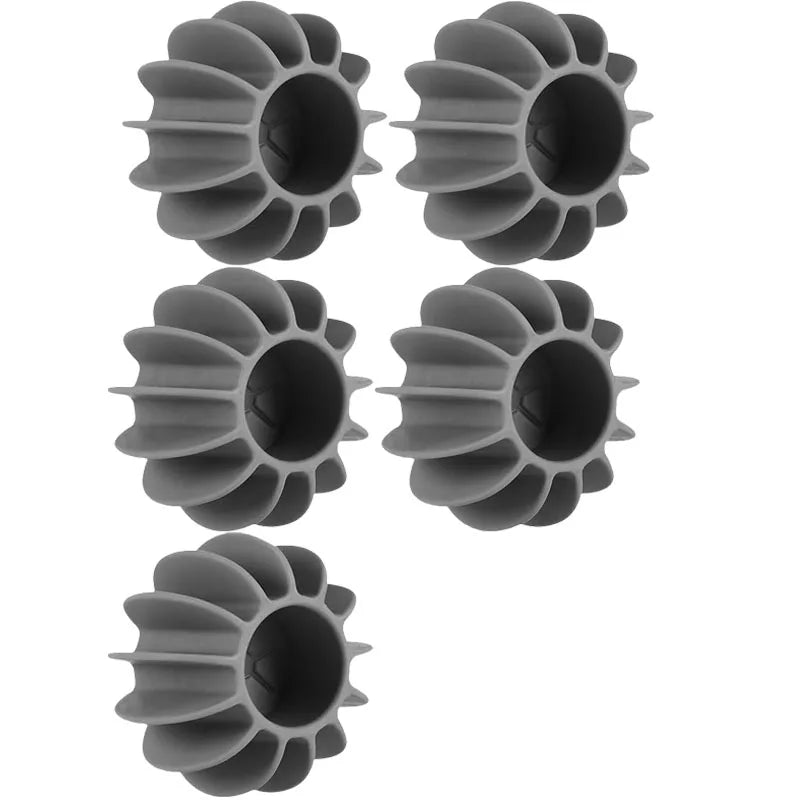 Five grey reusable silicone laundry balls for washing machine pet hair removal and cat hair cleaning.