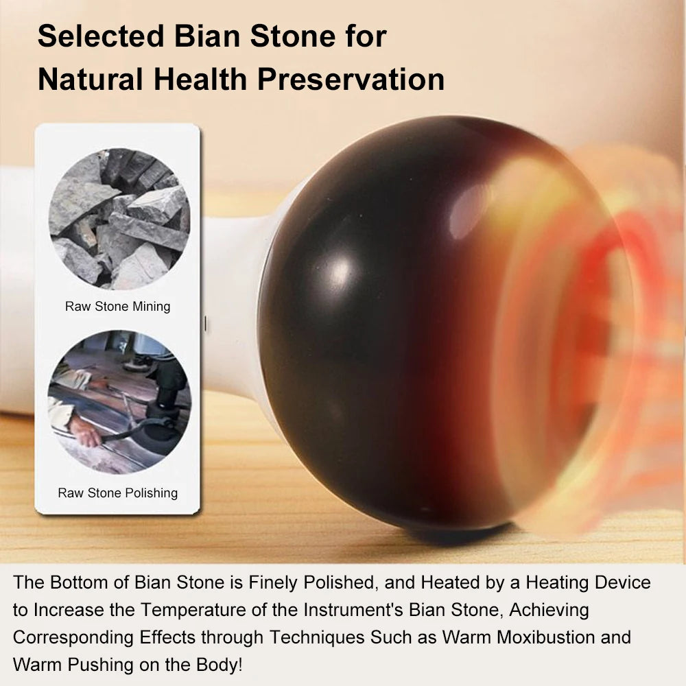 Heated Bian stone massage tool with a smooth, round dark head for warm body therapy and relaxation.