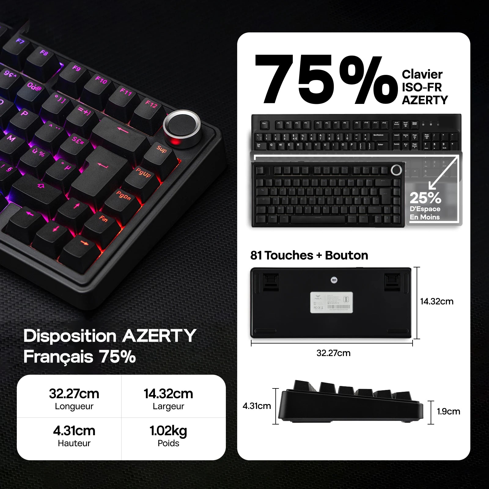 ISO-FR Layout AULA F75 75% AZERTY French Layout Wired/Bluetooth/2.4G Wireless Mechanical Gaming Keyboard RGB Backlighting 4000mAh Battery For Win/Mac