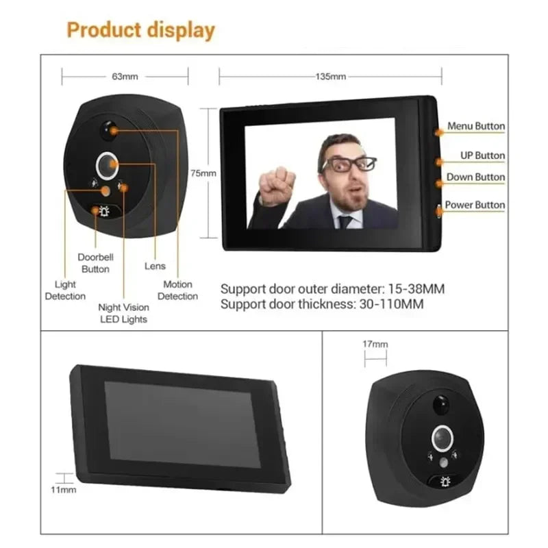 4.5 Inch Motion Detection Monitor Cat Eye Doorbell Digital Video Peephole Camera 145 Degree Ultra Wide Angle Super Night Vision