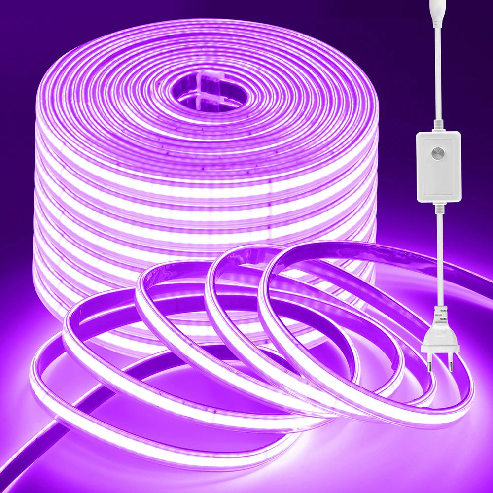 220V 10 Colors Dimmable COB LED Strip Light 240 LEDs Flexible Tape Dimmer EU Power Plug Kit TV Night Lights Home Linear Lighting