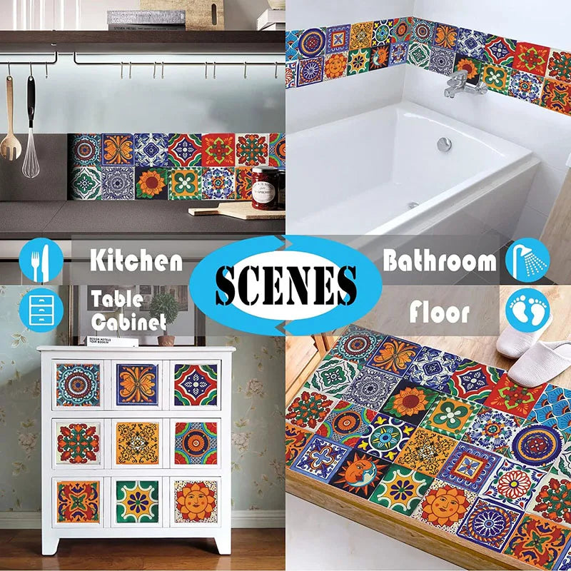 24pc Tile Stickers 4x4in Peel and Stick Backsplash Bathroom Waterproof Tile Stickers Colorful Mexican Tile Stick Home Decor