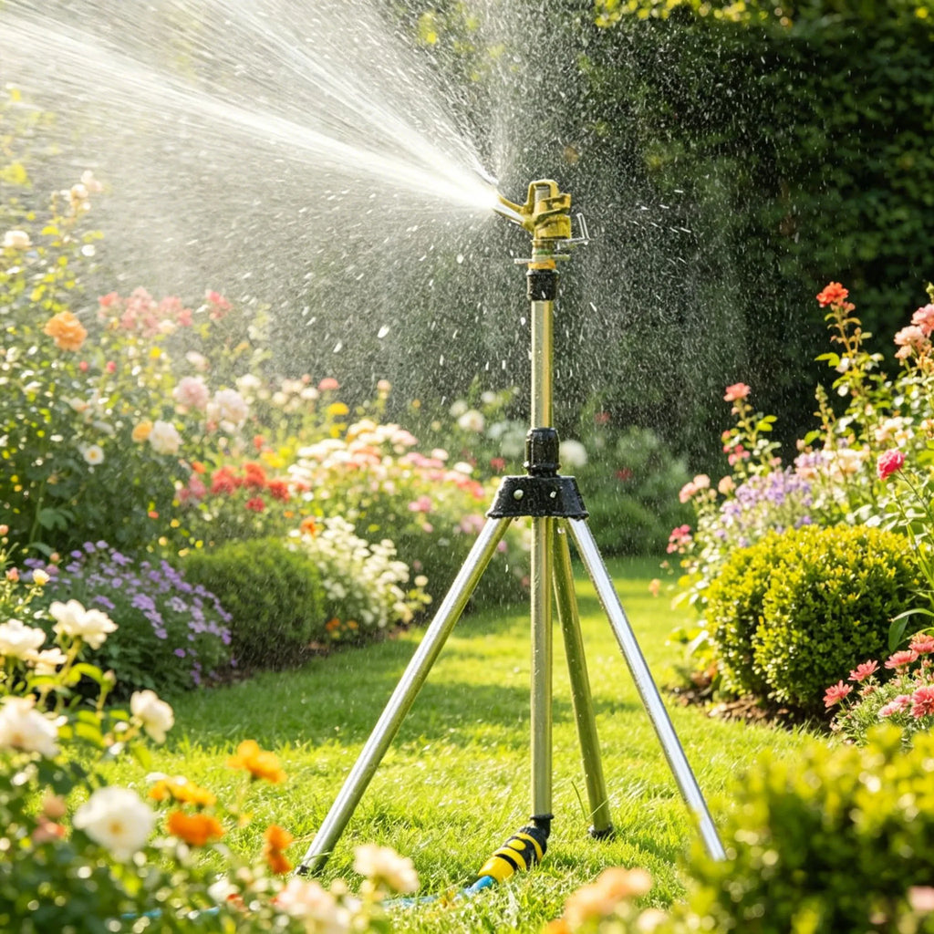 Yellow zinc alloy tripod sprinkler with rotating nozzle, automatic spray in a garden