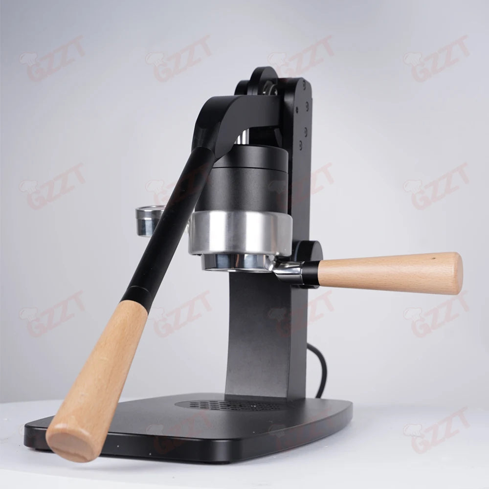 GZZT manual espresso maker with black metal frame, silver brewing chamber, and ergonomic wooden handles.