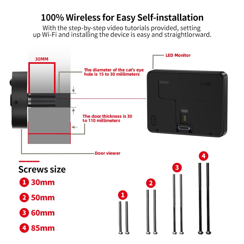 Danmini 4.3inch IR-CUT SmartLife Door Peephole Camera WiFi Tuya 2K 3MP 120° Doorbell Night Vision Digital Door Video Eye