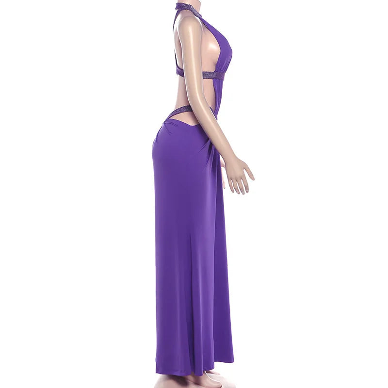 Sexy Women's Maxi Dress Halter Hollow Out Backless Sleeveless Ruched Evening Long Dresses Party Chic Robe Green Purple Summer