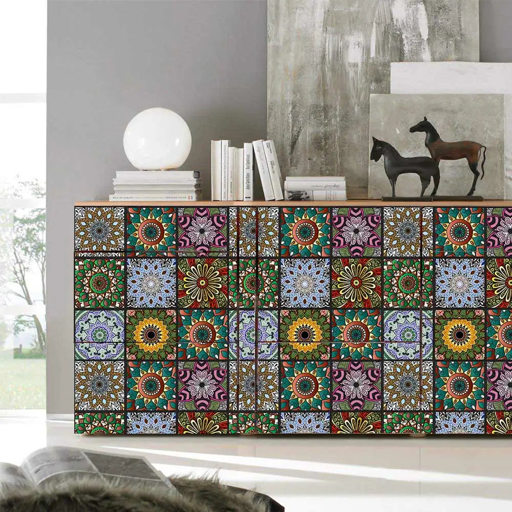10 pcs/pack, Floral Mandala PVC Self-Adhesive Tile Stickers - Waterproof, Oil-Proof, Easy to Clean for Home Decoration