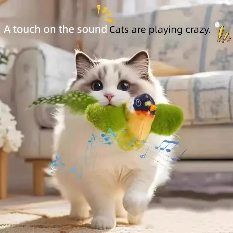 Fluffy cat playing with interactive electric bird toy, features chirping sounds and flapping wings for active kitten play.